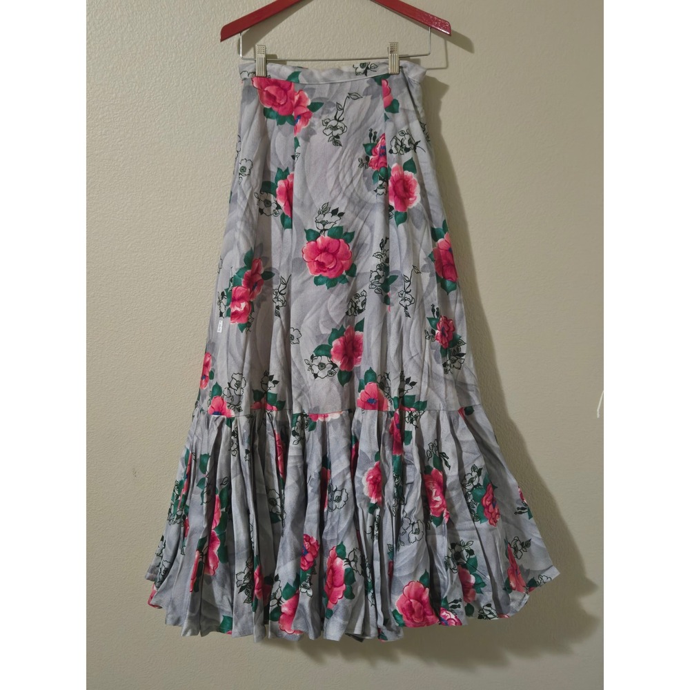 Vintage Spanish Feria Rose Floral Grey Tiered Ruffle Maxi Skirt Handmade XS